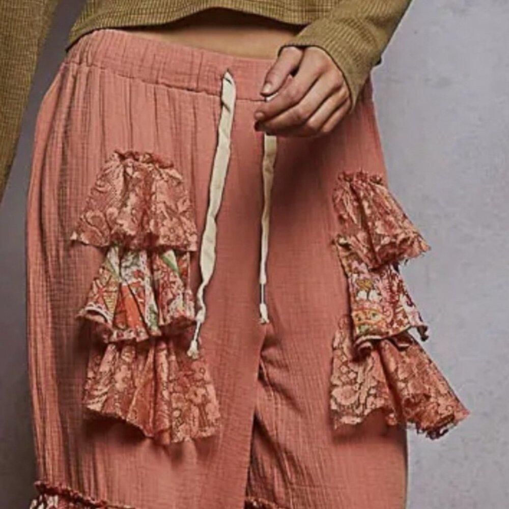 POL Flowy Wide Leg Palazzo Ruffle Salmon Pink Pants Boho Western Size L Gauze - Picture 8 of 11